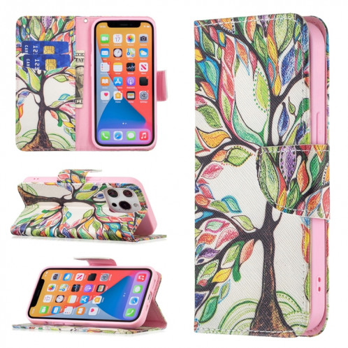 Modèle de dessin coloré Horizontal Flip Cuir Case avec porte-cartes et portefeuille pour iPhone 13 Pro (arbre de vie) SH403J1494-37