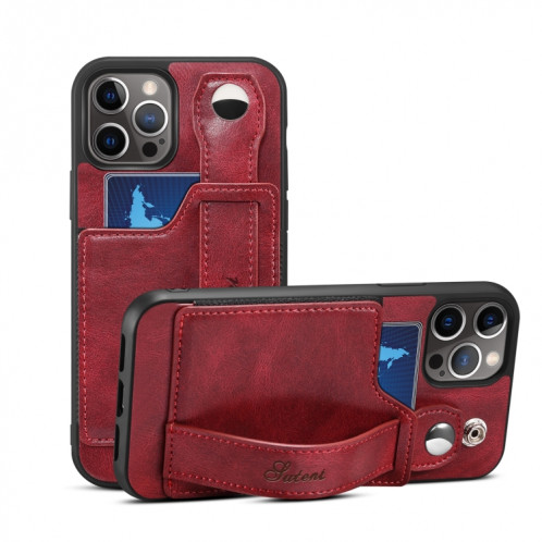 TPU + étui de protection antichoc sur cuir PU avec machines à sous cartes et sangle à main pour iPhone 13 Pro (rouge) SH703D1144-35