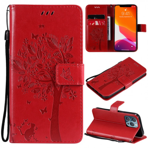 Tree & Cat motif pressé Impression Horizontale Flip PU Coque en cuir PU avec support & carte Slots & Portefeuille et longe pour iPhone 13 Pro (rouge) SH903E298-37