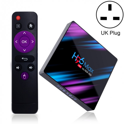 H96 MAX-3318 4K Ultra HD Android TV Boîte avec télécommande, Android 10,0, RK3318 Quad-Core 64bit Cortex-A53, 4 Go + 32 Go, Carte TF / USBX2 / AV / Ethernet, Fiche Spécification: UK Plug SH4603184-312