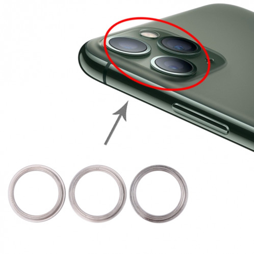 Anneau de cerceau de protection en métal pour lentille en verre de caméra arrière 3 pièces pour iPhone 11 Pro et 11 Pro Max (argent) SH016S1213-35