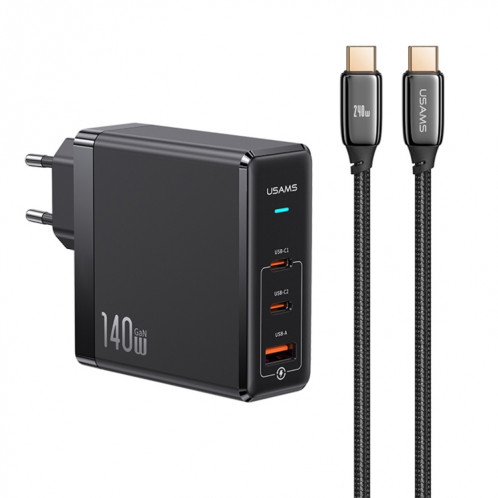 USAMS US-SJ581 T52 3 en 1 140W 3 interfaces USB Ensemble de chargeur rapide GaN, prise UE (noir) SU480B290-38