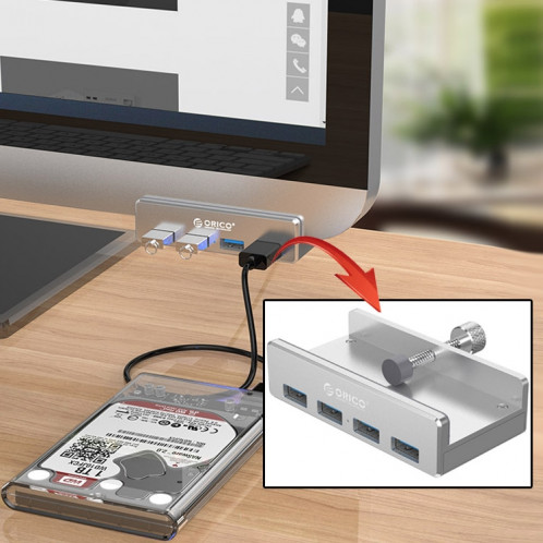 ORICO MH4PU Alliage d'aluminium 4 Ports USB 3.0 Clip-type HUB avec 1 m de câble USB, Largeur de Clip Plage: 10-32mm SO1123706-310