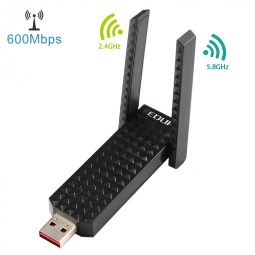 EDUP EP-AC1625 600Mbps 2.4G / 5.8GHz Double Bande 11AC USB 2.0 Adaptateur Carte réseau sans fil avec 2 antennes pour ordinateur portable / PC (Noir) SE980B408-312