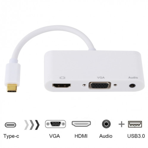 Adaptateur USB 2.0 + Port Audio + VGA + HDMI vers USB-C / Type-C HUB (Blanc) SH606W1177-310