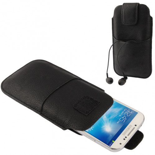 Housse en cuir universelle avec poche pour écouteurs pour iPhone X, iPhone 6 et 5, Samsung Galaxy S6 bord / S6 / S5 / S IV, Huawei P8, HTC One / G23, Sony LT29i / L36h / M35h, LG, Nokia, Taille : 15x8.8cm (Noir) SH352Y115-35