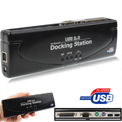 Station d'accueil Hi-Speed ​​USB 2.0 avec 8 ports (2xUSB 2.0 + souris PS2 + clavier PS2 + RS232 + DB25 + LAN + Upstream), noir SH091B887-310