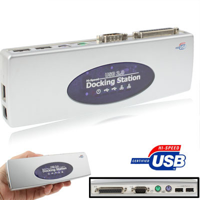 Station d'accueil Hi-Speed ​​USB 2.0 avec 8 ports (2xUSB 2.0 + souris PS2 + clavier PS2 + RS232 + DB25 + LAN + Upstream), Argent SH091S246-310