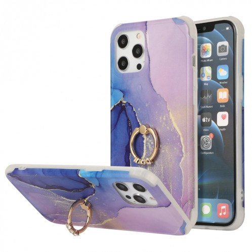 Housse de couverture arrière en marbre d'or de quatre coins de seconde coiffure avec une bague en strass en métal pour iPhone 13 Pro (Bleu foncé) SH202A1362-37