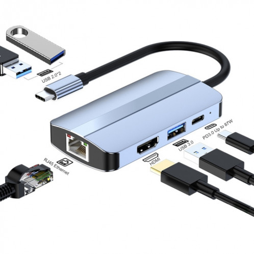 JUNSUNMAY Adaptateur de station d'accueil 6 en 1 Type-C vers 4K HDMI / Ethernet Hub USB-C Convertisseur multiport SJ03991250-39