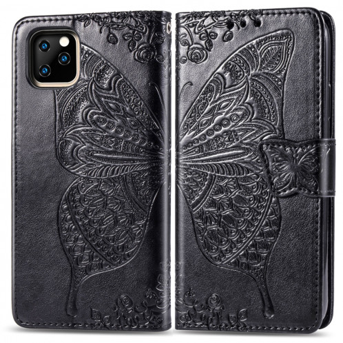 Étui en cuir Flip horizontal gaufrage papillon amour fleurs pour iPhone 11 Pro Max avec titulaire et fentes pour cartes et porte-monnaie et lanière (Noir) SH801A930-317