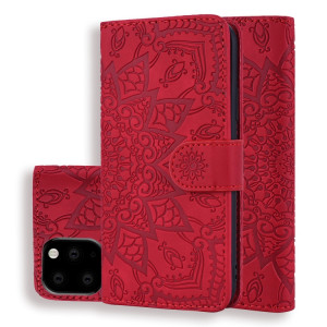 Étui en cuir estampé à double rabat avec motif pour mollet et fentes pour cartes de visite et portefeuille pour iPhone 11 Pro (5.8 pouces) (Rouge) SH507C954-20