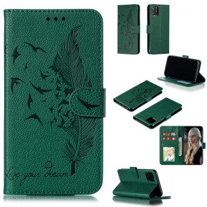 Étui en cuir à rabat horizontal avec motif de plume et texture litchi avec emplacements pour portefeuille et porte-cartes pour iPhone 11 Pro Max (Vert) SH805B1565-20