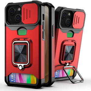 Cover Caméra coulissant Design PC + TPU Case antichoc avec porte-bague et emplacement de carte pour iPhone 13 mini (rouge) SH701A1280-20