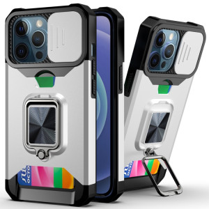 Cover Caméra coulissant Design PC + TPU Case antichoc avec porte-bague et emplacement de carte pour iPhone 13 Pro (argent) SH703G1704-20