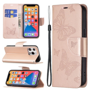 Embossage Deux papillons Motif Horizontal Flip PU Coque en cuir PU avec support et portefeuille et portefeuille et longe pour iPhone 13 (or rose) SH302D570-20