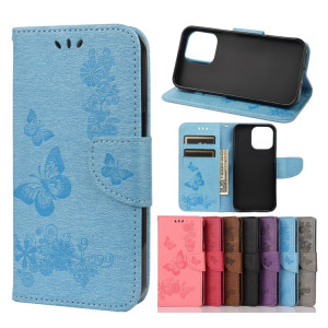 Modèle de papillon floral en relief Vintage Horizontal Flip Coating avec fente et portefeuille et portefeuille et longe pour iPhone 13 Pro (Bleu) SH704C1309-20