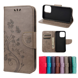 Modèle de fleur papillon Horizontal Flip Cuir Coating avec support et portefeuille pour carte et portefeuille pour iPhone 13 Pro (gris) SH804B1161-20