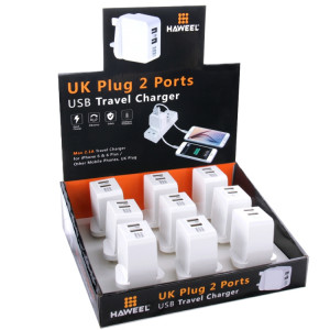9 PCS HAWEEL UK Plug 2 ports USB 1A / 2.1A Kits de chargeur de voyage avec présentoir, pour iPhone, Galaxy, Huawei, Xiaomi, LG, HTC et autres Smartphones SH33081916-20