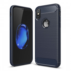 Pour iPhone X / XS Fibre De Carbone TPU Texture Brossée Antichoc Étui de protection arrière (marine) SH10NV546-20