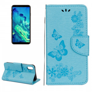 Pour iPhone X fleurs pressées motif papillon horizontal étui en cuir flip avec titulaire et fentes pour cartes et portefeuille et lanière (bleu) SP571L1687-20