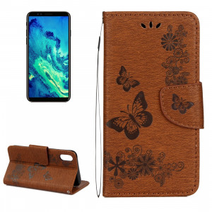 Pour iPhone X fleurs pressées motif papillon horizontal étui en cuir flip avec titulaire et fentes pour cartes et portefeuille et lanière (brun) SP571Z1339-20