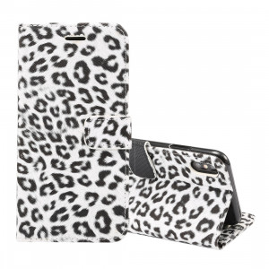 Étui à rabat horizontal en cuir motif léopard pour iPhone XS Max, avec porte-monnaie et fentes pour cartes (blanc) SH210W749-20