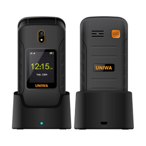 Uniwa v909T Flip téléphone, 2,8 pouces + 1,77 pouce, Unisoc Tiger T107, support Bluetooth, FM, réseau: 4g, Dual Sim, SOS, avec la base de quai de charge (noir) SU907B594-20