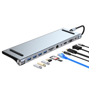 Ad-059 11 en 1 USB-C / Type-C à 4K HDMI + VGA + SD / TF Slot + SD / TF Ethernet + 3.5mm AUX + USB-C / TYPE-C + 4 USB 3.0 Hub de station d'accueil multifonctionnel multifonctionnel SH0088824-20