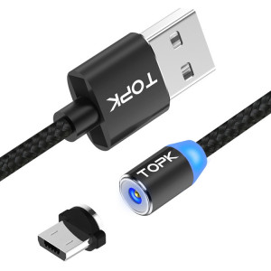 TOPK AM23 2m 2.4A Max USB vers Micro USB Câble de Charge Magnétique Tressé en Nylon avec Indicateur LED (Noir) ST483B1495-20