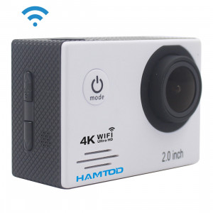 Caméra sport HAMTOD HF60 UHD 4K WiFi 16.0MP avec boîtier étanche, Generalplus 4247, écran LCD 2,0 pouces, objectif grand angle 120 degrés, avec accessoires simples (Blanc) SH047W296-20