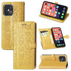 Étui de cuir horizontal horizontal de chat et de chien mignon avec support & carte Slots & Portefeuille et longe pour iPhone 13 Pro (Jaune) SH002E358-20