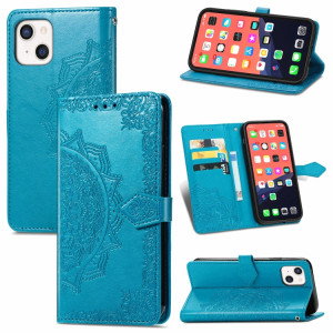 Horizon Horizontal horizontal en relief de Mandala avec support et portefeuille et portefeuille pour iPhone 13 mini (bleu) SH304D2-20