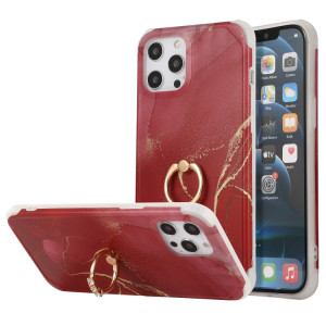 Housse de couverture arrière en marbre en marbre d'or de quatre coins coupées en marbre d'or avec une bague en strass en métal pour iPhone 13 Pro (rouge) SH202D291-20