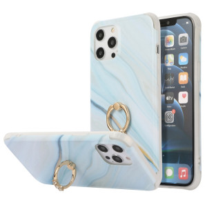 Housse de couverture arrière en marbre en marbre or de quatre coins de seconde coiffure avec anneau en strass en métal pour iPhone 13 (bleu) SH203F378-20