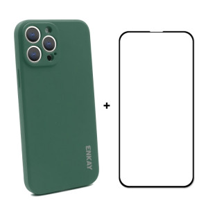 Hat-Prince Enkay Enkay Silicone de protection antichoc baisse Couvercle de protection chute + film de protection en verre trempé pour iPhone 13 Pro Max (vert foncé) SE601D1363-20