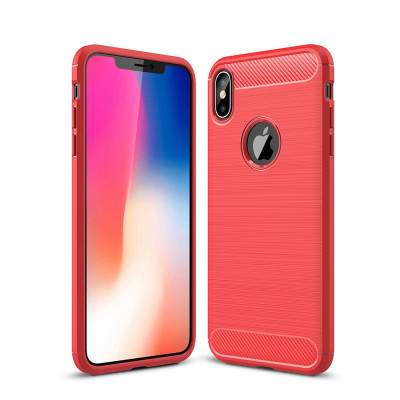 Étui de protection arrière en TPU antidérapant en fibre de carbone à texture brossée pour iPhone XS Max (rouge) SH052R324-20