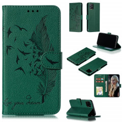 Étui en cuir à rabat horizontal avec motif de plume et texture litchi avec emplacements pour portefeuille et porte-cartes pour iPhone 11 Pro Max (Vert)