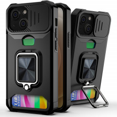Cover Caméra coulissant Design PC + TPU Case antichoc avec porte-bague et emplacement de carte pour iPhone 13 (noir)