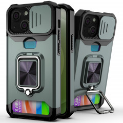 Cover Caméra coulissant Design PC + TPU Case antichoc avec porte-bague et emplacement de carte pour iPhone 13 (vert foncé)