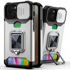 Cover Caméra coulissant Design PC + TPU Case antichoc avec porte-bague et emplacement de carte pour iPhone 13 (argent)