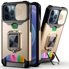 Cover Caméra coulissant Design PC + TPU Case antichoc avec porte-bague et emplacement de carte pour iPhone 13 Pro (or)