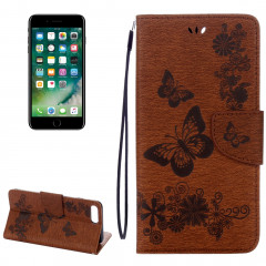 Pour iPhone 8 Plus et 7 Plus Papillons Gaufrage Housse en cuir pour rabat avec porte-cartes et fentes pour cartes et porte-monnaie et lanière (brun)
