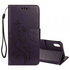 Étui à rabat en cuir motif gaufré en relief avec fente pour cartes et porte-monnaie et porte-monnaie et lanière pour iPhone XR (violet foncé)