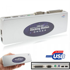 Station d'accueil Hi-Speed ​​USB 2.0 avec 8 ports (2xUSB 2.0 + souris PS2 + clavier PS2 + RS232 + DB25 + LAN + Upstream), Argent
