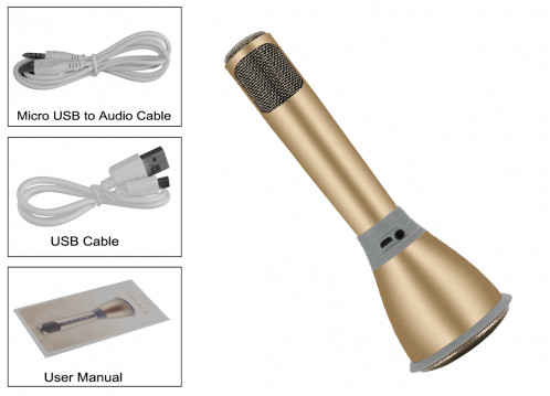 TUXUN K068 – Microphone Karaoké + Haut-parleur / Bluetooth 3.0 / Effets Karaoké KTV / Câble d'enregistrement / Batterie 1000mAh / Doré CT9865-01