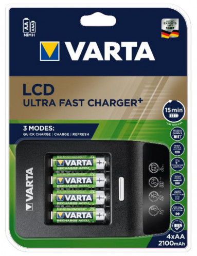 Varta LCD Ultra Fast Chargeur + incl.4batterie 2100 mAh AA + 12V 530007-03