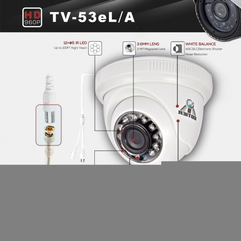 COTIER 531eA-L CE & RoHS certifié étanche 1 / 3.6 pouce 1.3MP 1280x960P capteur CMOS CMOS 3.6mm 3MP objectif AHD caméra avec 12 LED IR, soutien nuit vision et balance des blancs SC072B1099-09