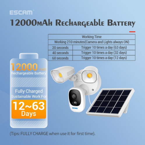 ESCAM QF609 1080P Caméra sans fil à éclairage solaire 1000LM avec panneau solaire et batterie rechargeable 12000mAh, capteur PIR de soutien et vision nocturne et carte audio bidirectionnelle et TF SE0202907-020