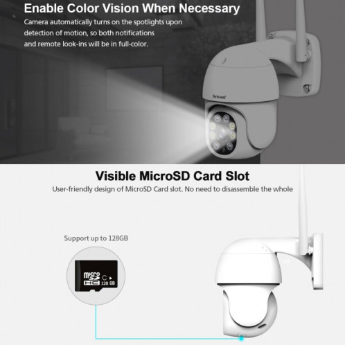 Caméra PTZ extérieure Sricam SP028 1080P HD, prise en charge Audio bidirectionnel / détection de mouvement / détection humanoïde / Vision nocturne couleur / carte TF SS33UK1654-018